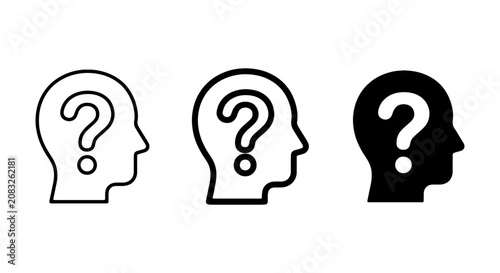 Question Mark Head Icons, Human Brain Inquiry Symbols, Thinking Process Silhouette Graphics