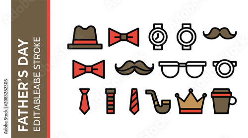 Father's day vector icon set featuring male accessories symbols