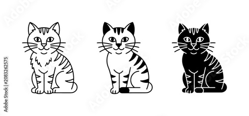 Bild auf Leinwand Three Tabby Cat Icons: Outline, Line Art, and Silhouette