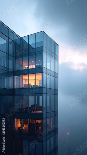 Modern office building in foggy weather.