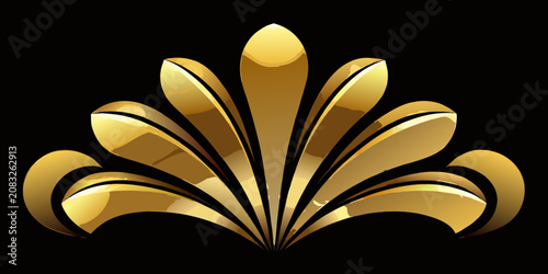 Ornate golden symmetrical floral emblem decorative element, vector
