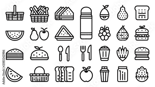 Food vector icon collection showing breakfast fruit and picnic