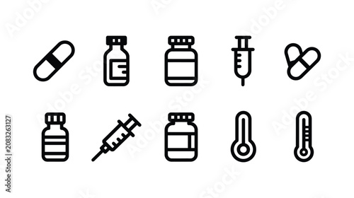 Medicine vector icon set representing pills bottles syringes