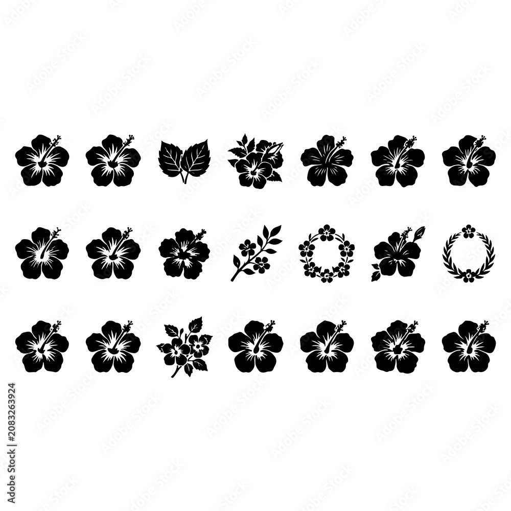 Fototapeta premium Hibiscus flower silhouette collection with tropical leaves and floral wreath design icons.