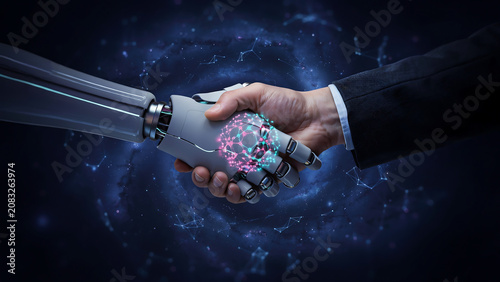 Human and robot handshake concept, artificial intelligence collaboration, futuristic business partnership, digital network connection, innovation and technology synergy