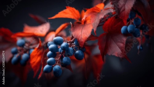 Close up of vibrant red leaves and dark blue berries on a branch
