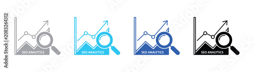 Seo analytics performance report line graph with magnifying glass analytics magnifying marketing optimization business information statistics strategy financial performance analysis
