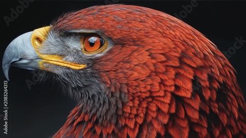 Close up portrait of a regal bird of prey with red and orange feathers