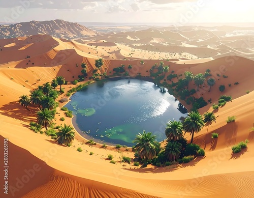 Desert Oasis Landscape with Palm Trees.