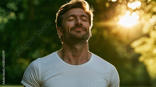Man Enjoying Sunlight Outdoors Peaceful Serene Moment Nature Greenery Background