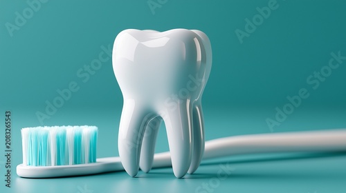 Healthy White Tooth and Toothbrush on Teal Background
