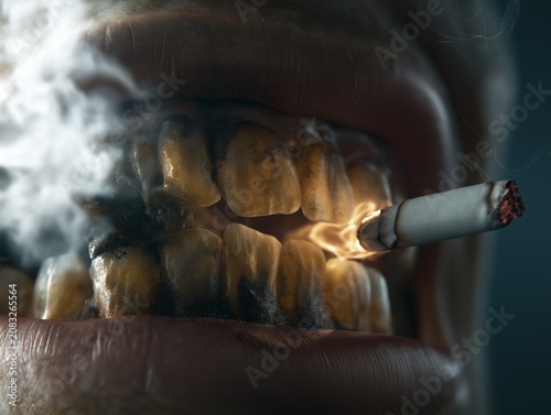 Unhealthy Yellow Stained Teeth Smoking Cigarette Mouth Close Up Smoke
