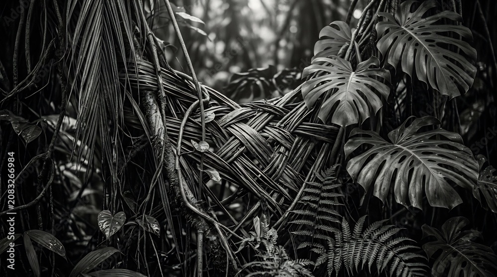 Obraz premium Intricate woven tropical foliage pattern in monochrome jungle