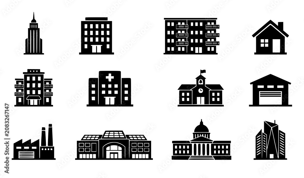 Fototapeta premium Black Building Silhouette Icon Set Modern Architecture Vector Collection