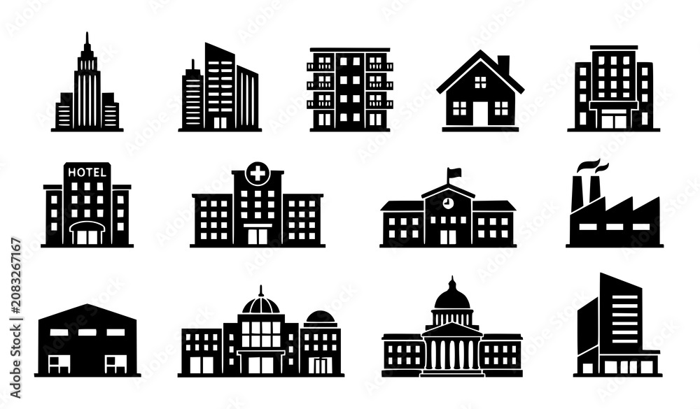 Fototapeta premium Professional Building Silhouette Collection Black Vector Icon Set