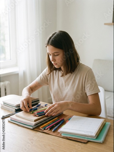 Teen Organizing School Supplies at Home Study Desk
