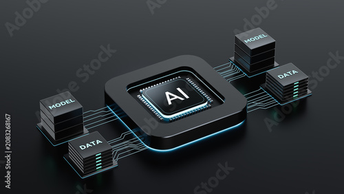 Realistic 3D render of central AI microchip connected to stacked DATA and MODEL storage blocks with glowing neon blue circuit traces on dark glossy black technology background