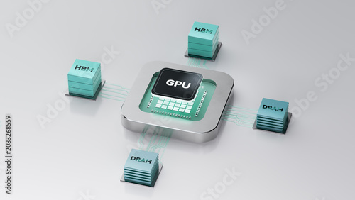 Realistic 3D render of central GPU processor connected via fine circuit traces to stacked HBM and DRAM memory chips, displayed on smooth minimal light grey background to illustrate advanced modern sem