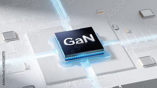 Realistic 3D render of GaN gallium nitride semiconductor chip placed on glowing futuristic circuit board, surrounded by small electronic components on subtle patterned light high tech background