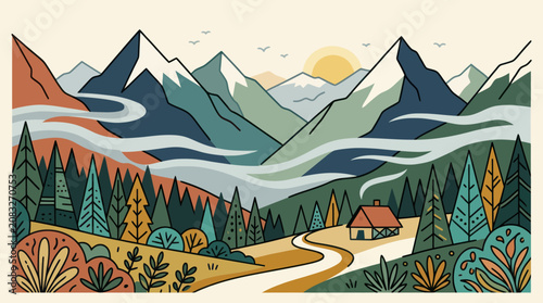 Tableau sur toile Mountain landscape with cabin and forest