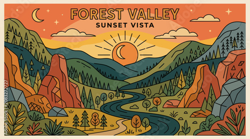 Scenic mountain valley sunset landscape