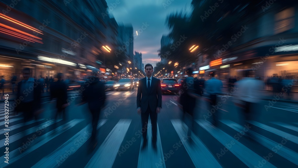Fototapeta premium Businessman stands confidently in the middle of a bustling city street at dusk, surrounded by blurred motion of cars and pedestrians, symbolizing focus, resilience, and navigating urban.