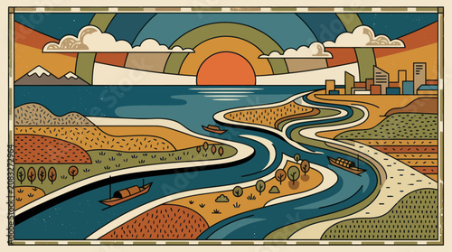 River landscape with boats and city