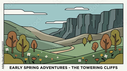 Rolling hills and cliffs in spring landscape
