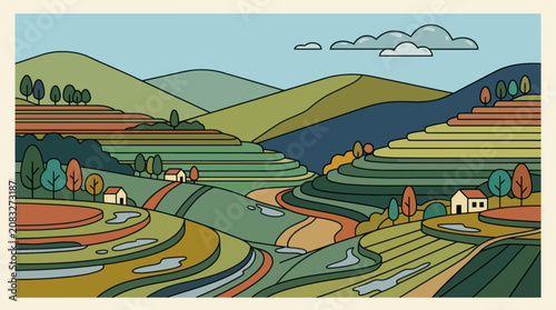 Rolling hills farm landscape illustration