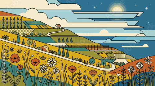 Rolling hills landscape with farms and flowers