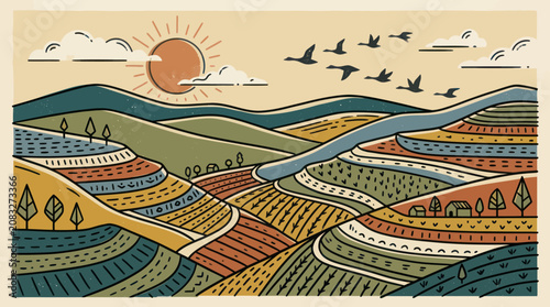 Rolling hills landscape with river and flock