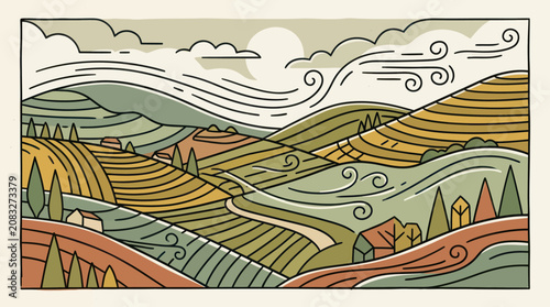 Rolling hills landscape with stylized wind elements