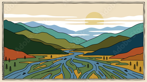 Scenic river delta with boats and mountains