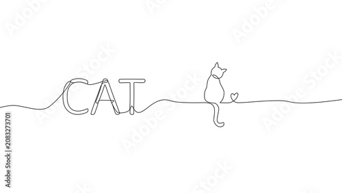 One Line Drawing Cat with Cat Word 