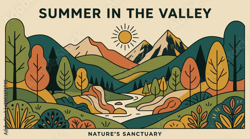 Scenic valley landscape with river and mountains