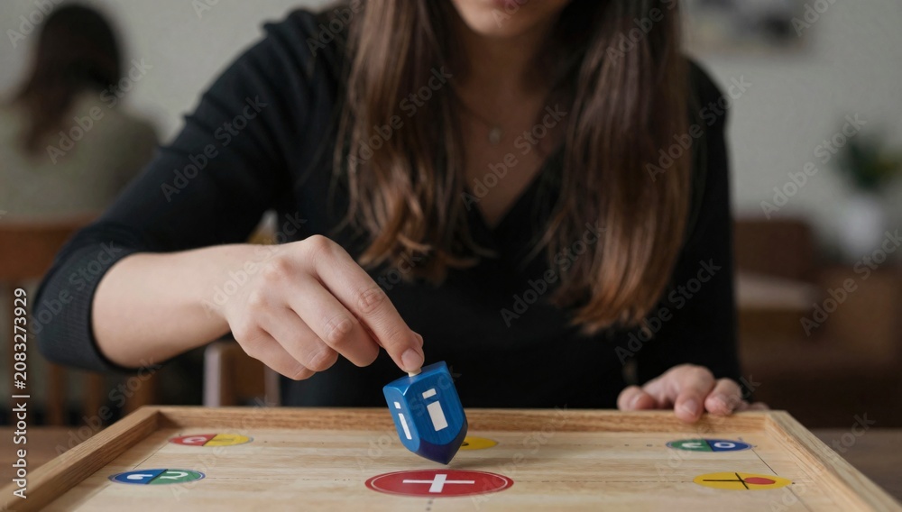 Fototapeta premium Person spinning a dreidel on a game board at a wooden table indoors