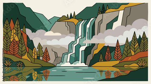 Scenic waterfall landscape illustration