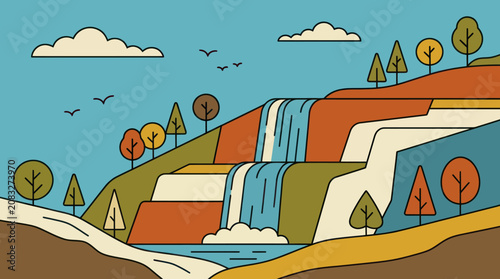 Scenic waterfall landscape illustration