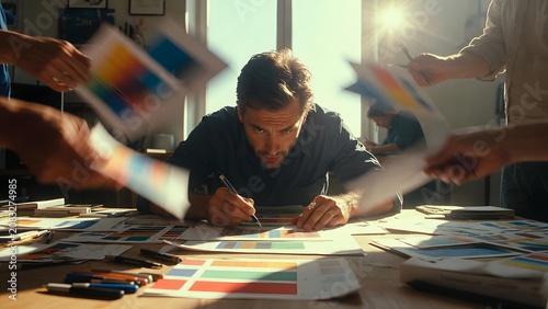 Graphic designer intensely focuses on a color palette design at a sunlit desk while multiple hands offer him various design elements and paperwork, illustrating the demanding.