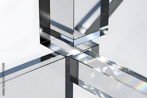 Transparent glass panes intersect at various angles, creating a complex abstract composition with sharp edges and brilliant light refractions, casting geometric shadows on a pristine.