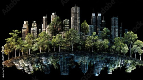 World globe with illuminated urban skyline and trees on black background, concept of climate change awareness, environmental sustainability, and global ecological balance at night