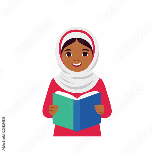 Girl in hijab reading an open book illustration