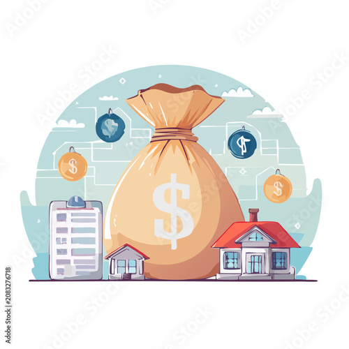 Cartoon money bag with houses and coins illustration