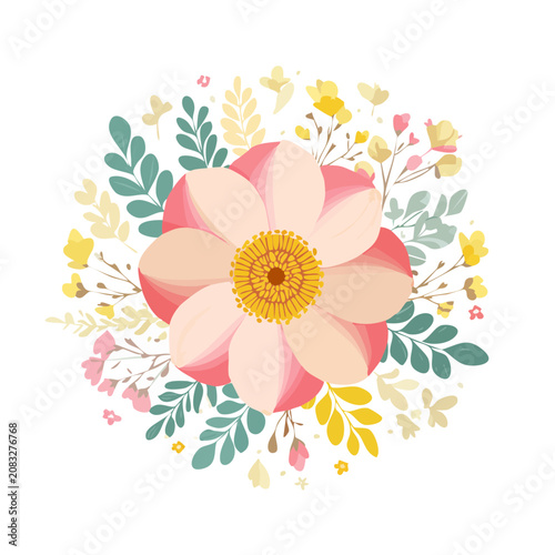 Colorful flat illustration of a flower bouquet with leaves and buds
