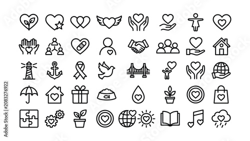 Line icons of love and charity concepts  hearts hands people earth  symbolic illustrations
