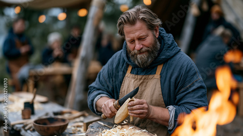 Craftsman carving greenwood spoon beside outdoor fire, Scandinavian-style mora knife peeling thin curls from willow blank, forest clearing behind, workshop participants watching