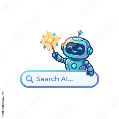 Cute AI Assistant Robot with Magic Wand Vector Illustration for Web Search Bar Interface