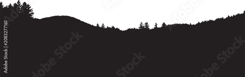 Black silhouette of mountain range with pine forest trees against a flat horizon isolated on transparent background, Vector