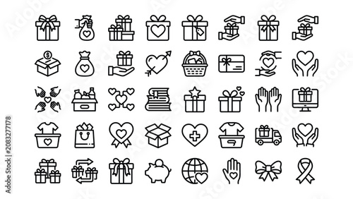 Line style icons of gifts hearts and hands on transparent background for charity donation and love concepts  various symbols for kindness generosity and affection