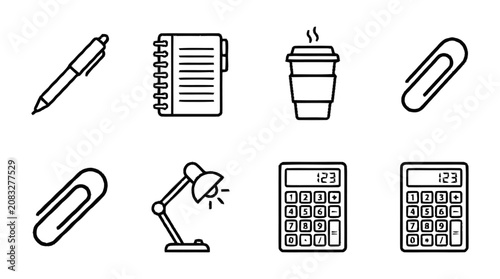 Office supplies and stationery icons including a pen, notebook, coffee cup, paperclip, calculator, lamp, and clipboard on a desk